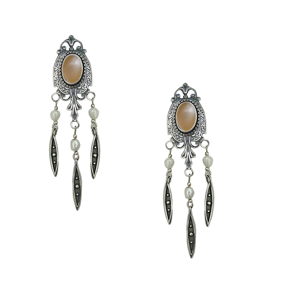 Sterling Silver Victorian Style Drop Dangle Earrings With Peach Moonstone